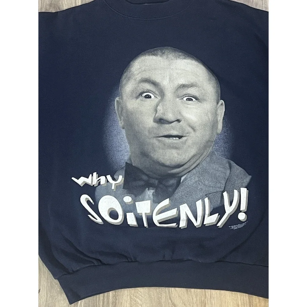 Vintage 90s Three Stooges CURLY Crewneck Unisex Medium Blue Graphic Print Comedy - Picture 15 of 15